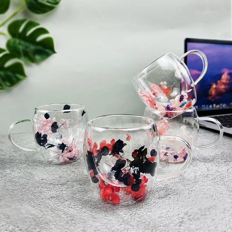 250/350ml Double Wall Coffee Mug With Handles Clear Milk Cups Gifts Glass Cup Fill Artificial Simulation Flowers Teacup