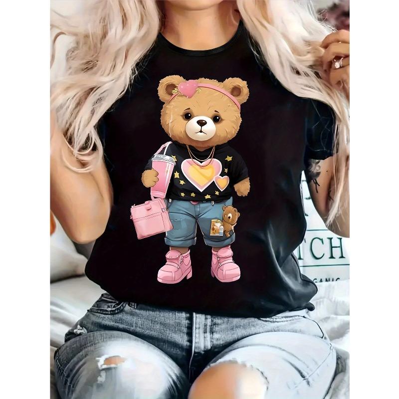 

European Size Women S Cute Teddy Bear Graphic T-Shirt - Black with Pink & Yellow Design, Soft Stretchy, Round Neck Casual Top for Spring Summer 4XL чорний