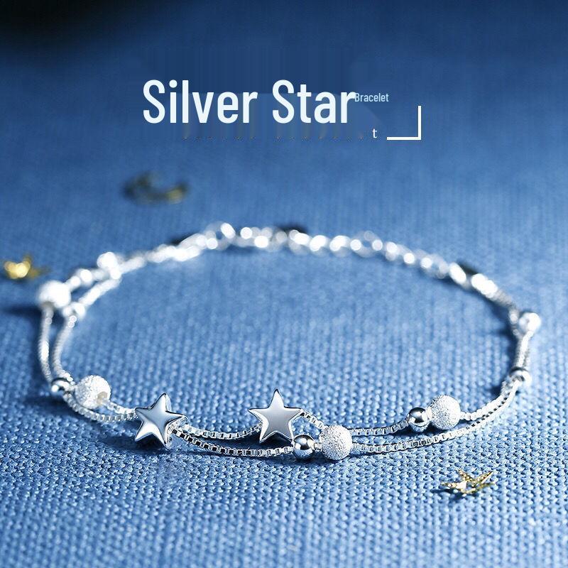 Double Layer Korean Style Star Bracelet with Frosted Beads for Girls - Silver Plated, Trendy & Versatile