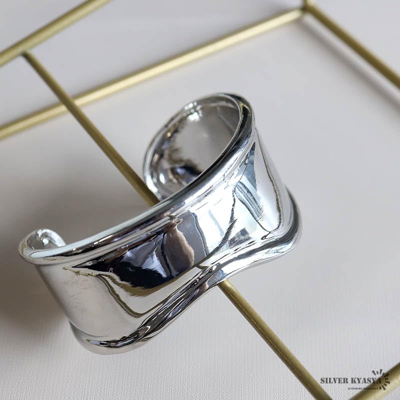 Wide Bangle Bracelet for Gold or 18K GP Simple Bone Cuff Women, Silver, Mirror-Finished, Gold, (Silver)