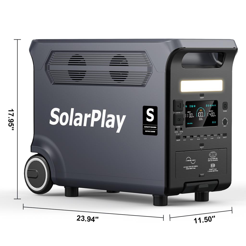 SolarPlay 3600W Portable Power Station 3840Wh LiFePO4 4000+ Cycles 2000W Solar Input 1.5H Fast Charge UPS 15 Ports