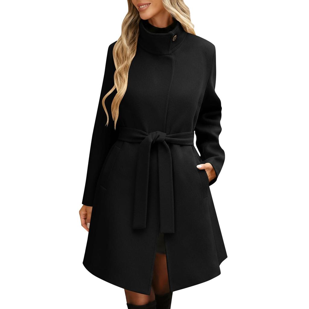 Women's Long Sleeve Belted Overcoat with Stand Collar and Button Closure Classic Fit for Autumn and Winter Outwear