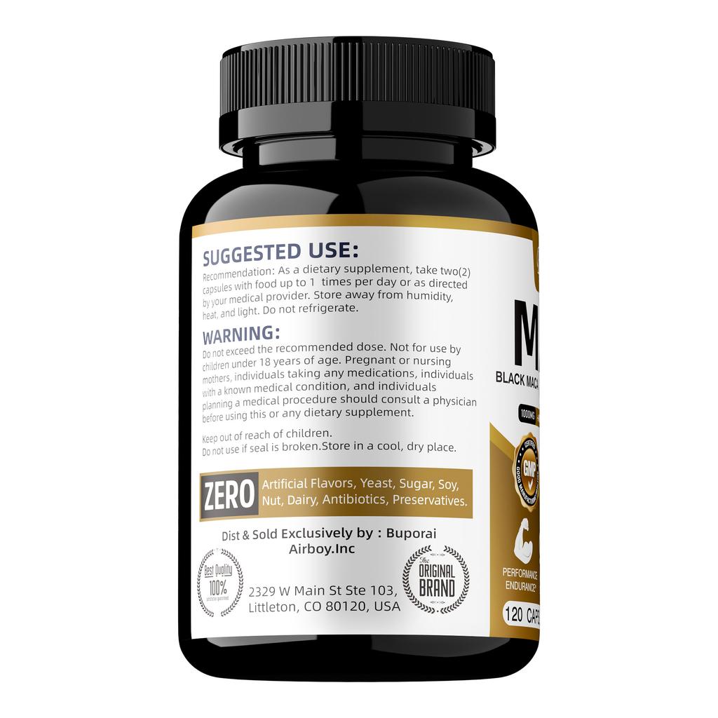 Capsule di estratto di Maca, con aggiunta di pepe nero per migliorare l'assorbimento, equilibrare gli ormoni, aumentare l'energia e migliorare l'umore.