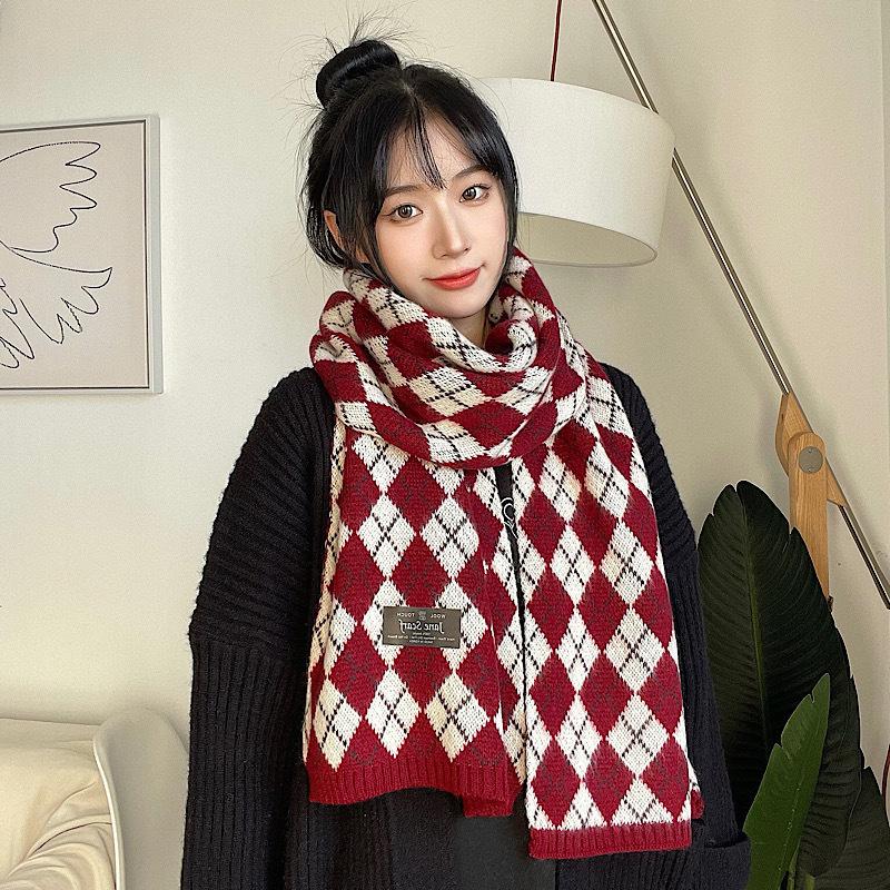Japanese Rhombus Plaid Knitted Scarf Imitation Cashmere Scarf Square Plaid Thickened Warm Student Fashion Couple Scarf