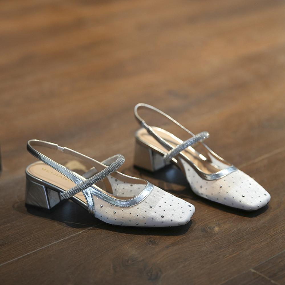 Fashion Sandals for Women's Summer Flat Toe Sandals with Thick Heel and Square Toe Mesh Diamond Studded Polka Toe Mary Jane Shoes Women