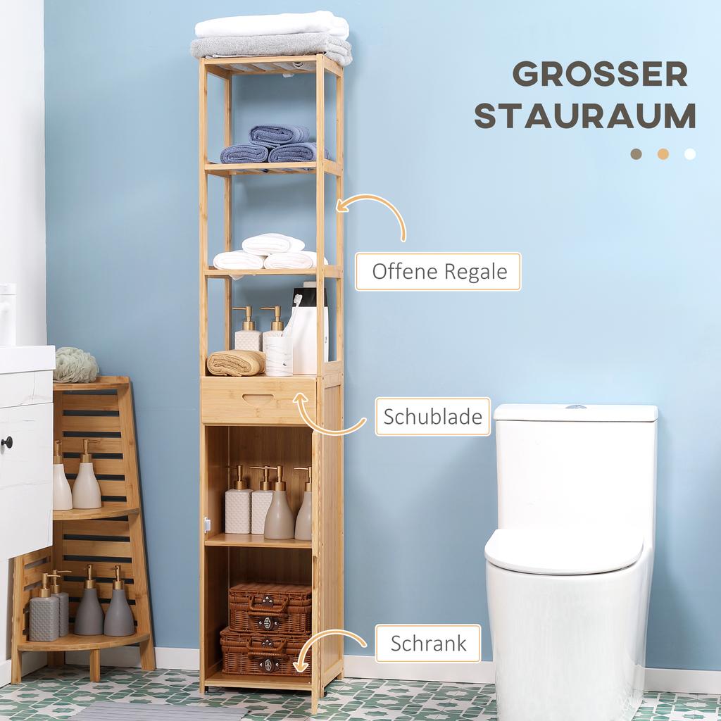 Bathroom Shelf, 3 Open Compartments, Drawer, Louvered Door, Bamboo, 32 x 30 x 163 cm