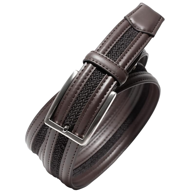 

[TAVARAT] belt men s cowhide leather mesh belt 35mm No hole stepless adjustment comfortable stress free (dark brown)