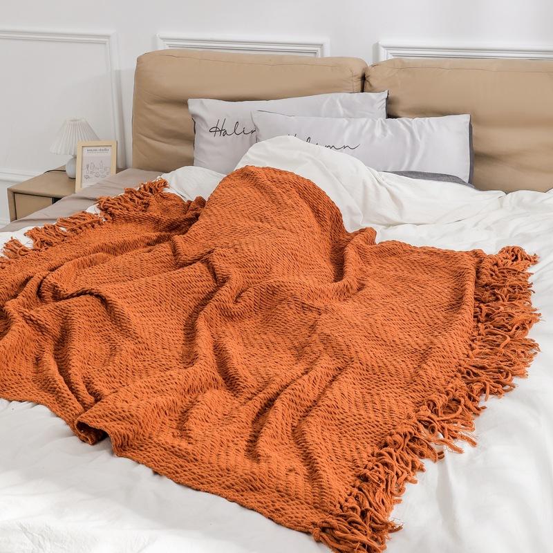 Karamellfärgad Geometrisk Pläd | Stickad Inomhus Utomhuspläd för Soffa Couch Stol Säng | Höstdekor