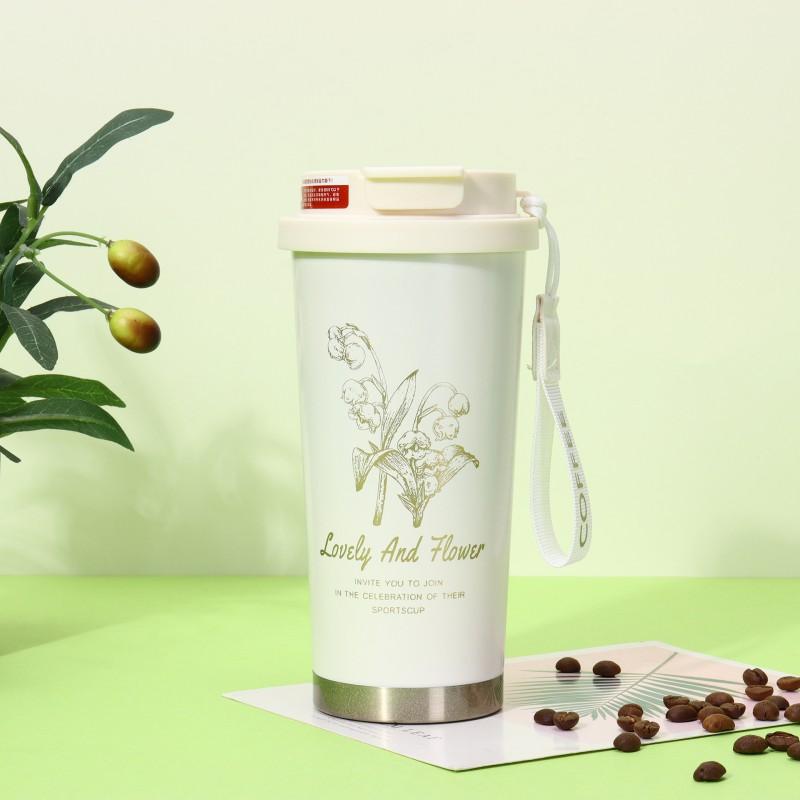 Stainless Steel Insulated Travel Mug With Handle Rope Straw 500ml Vacuum Thermos Office Outdoor Commute