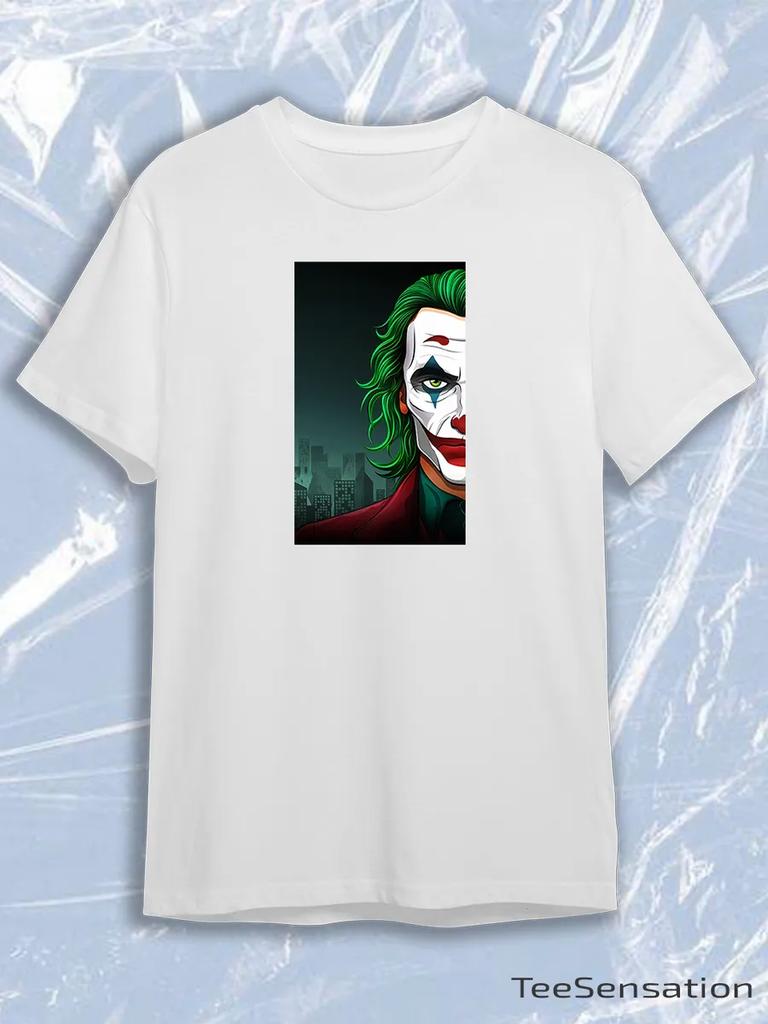 TeeSensation White Crew Neck Short Sleeve T-Shirt with Joker Half Face Green Hair City Background Vertical Illustration Print