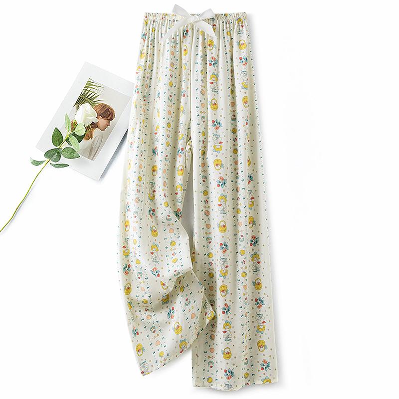 Pantaloni de pijama din bumbac mătase pentru femei, secțiune subțire de vară, anti-țânțari, pantaloni cu picior lat, culoare uni, pentru exterior, casă, petrecere a timpului liber, imprimeu, pantaloni de plajă până la genunchi