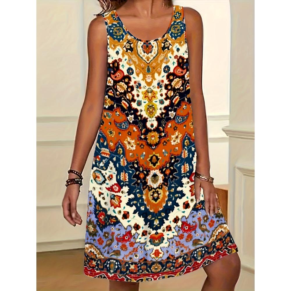 Robe d'été bohème sans manches à col rond pour femme, coupe évasée, longueur genou, vêtements féminins, robe midi florale décontractée