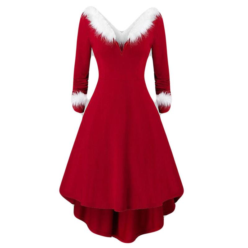 Women's Plush Flared Dress, Christmas Holiday A-Line Gown with Audrey Hepburn Style, High-Low Hem Long Sleeve Party Dress for Festive Season