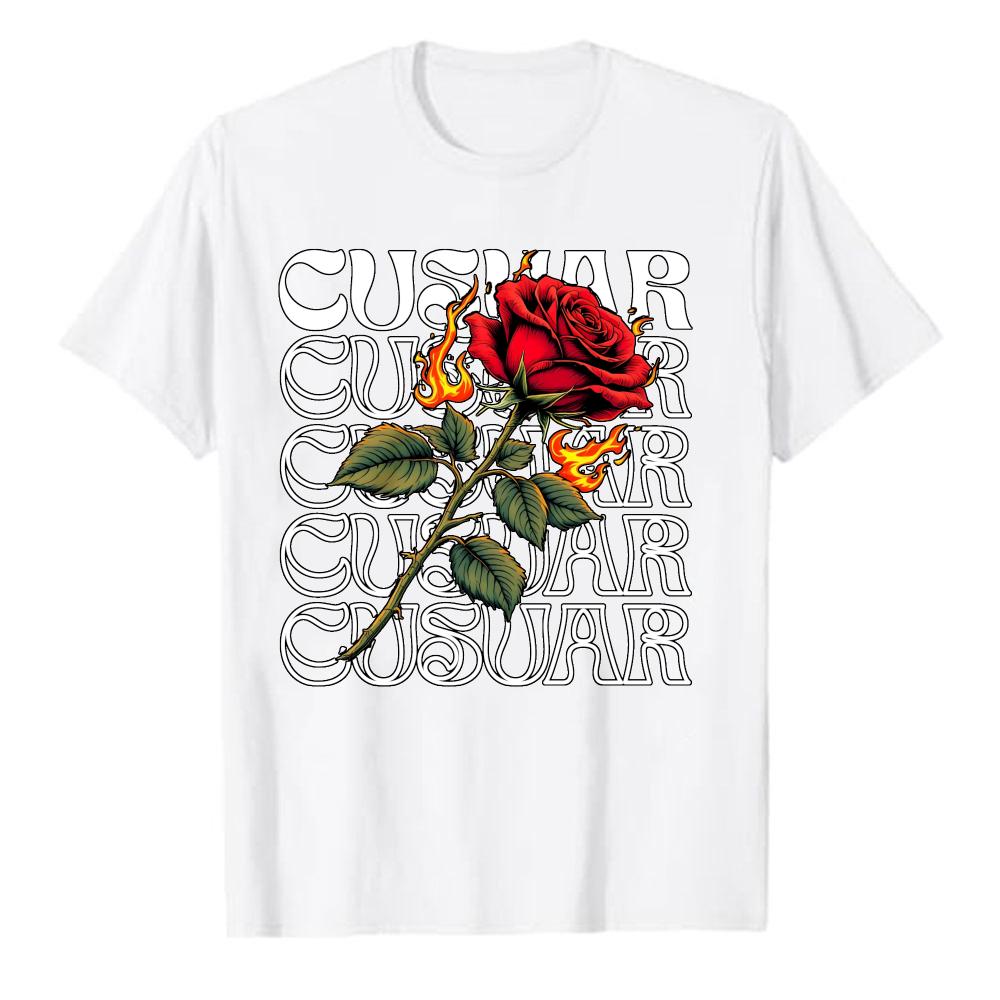 Burning Red Rose with Flame Repeated Cotton T Shirt CUSTOMAR Text Graphic Print Gothic Streetwear Aesthetic Casual Gift Tops