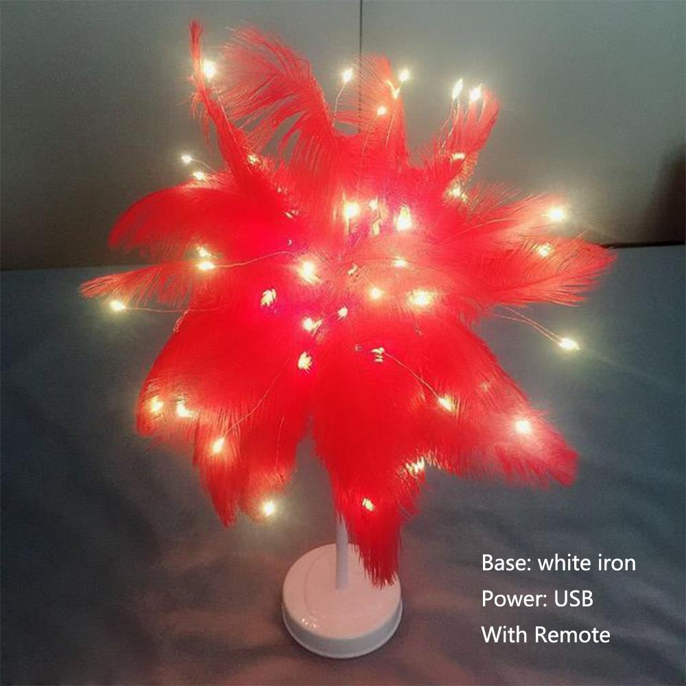 Creative DIY Feather Table Lamp Remote Control USB/AA Battery Power Warm Light Tree Feather Lampshade Wedding Home Bedroom Decor