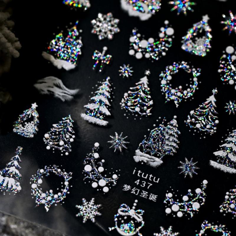 Jul Präglade Naglar Konst Klistermärken Drömslott Julgran Snöflinga Självhäftande Manikyr Dekaler Nageldekoration