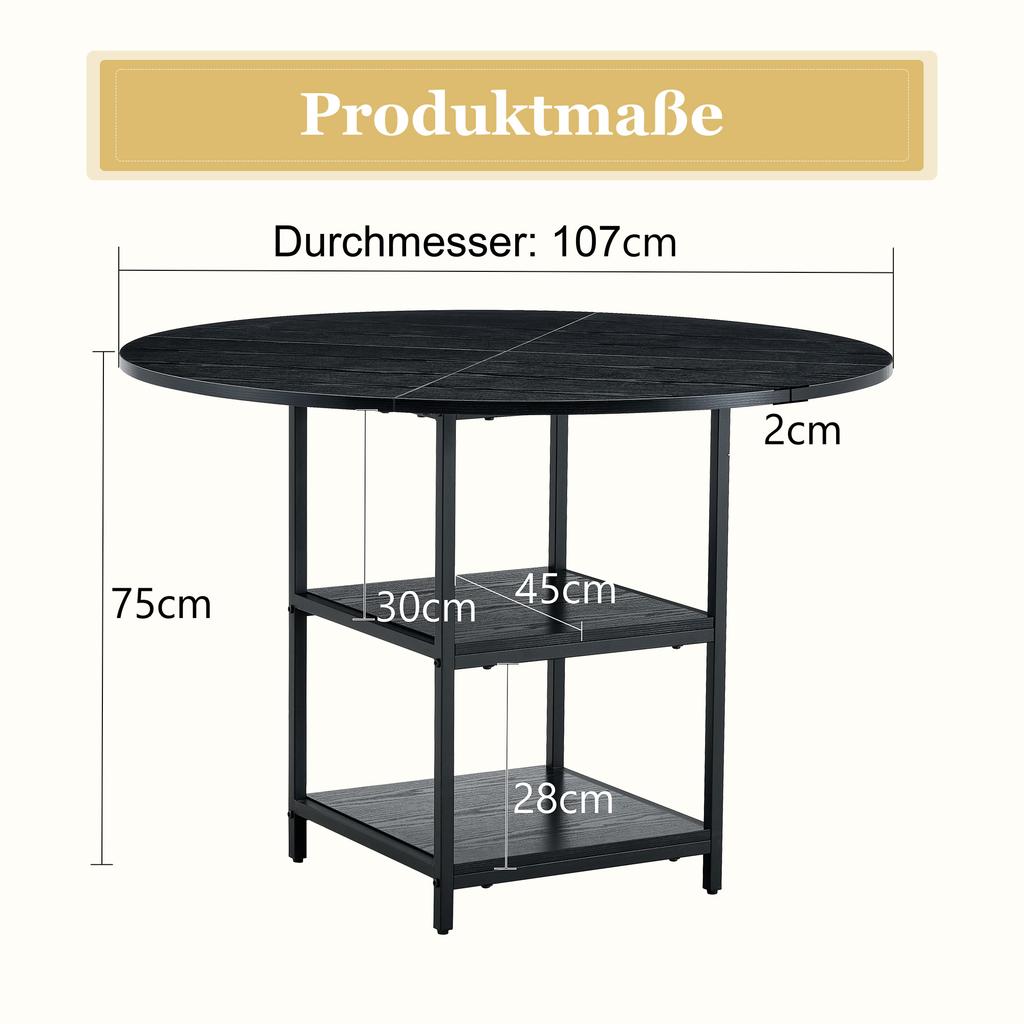 Round Dining Table with 107 cm Diameter and Double Storage Level, Black MDF Top + Metal Frame, Suitable for 2-4 People, For European Family Meals