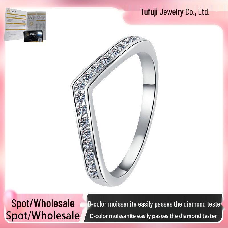 925 Sterling Silver V-Shaped Moissanite Stackable Band Ring - Fashionable Sweet Finger Jewelry