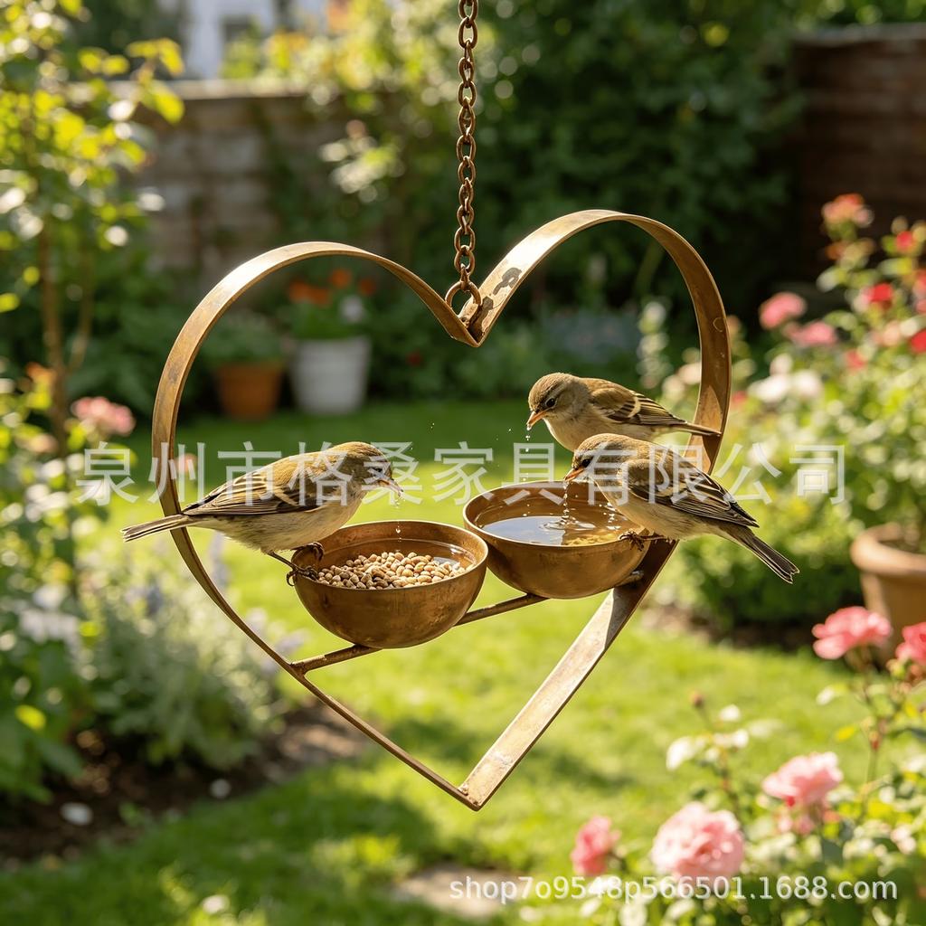 Metal Heart Shaped Outdoor Bird Feeder Hanging Garden Decorative Iron Frame Small Bird Feeding Station with Two Wooden Bowls
