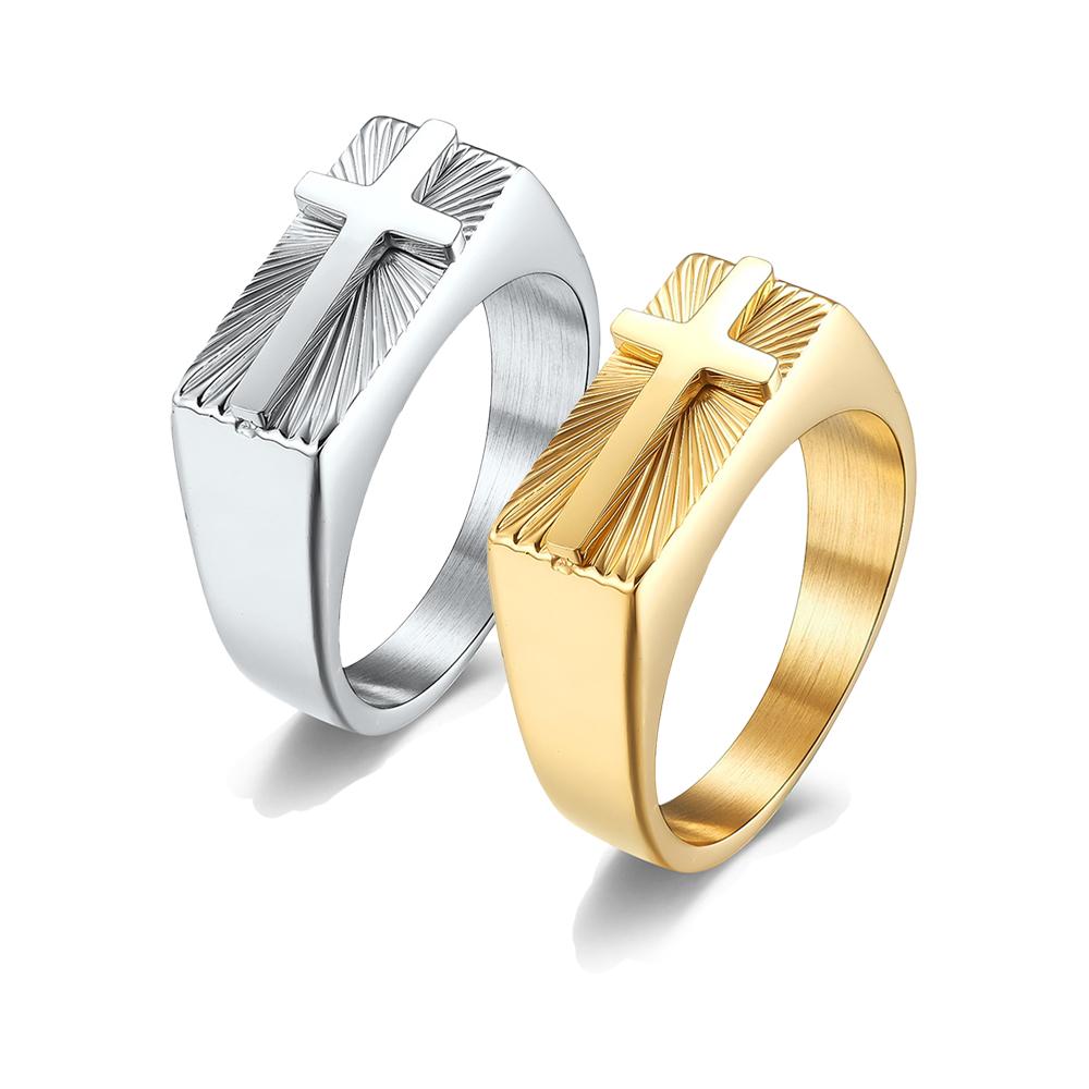 Stainless Steel Cross Rings for Men, Silver and Gold - Toned, with Exquisite Sunburst Pattern