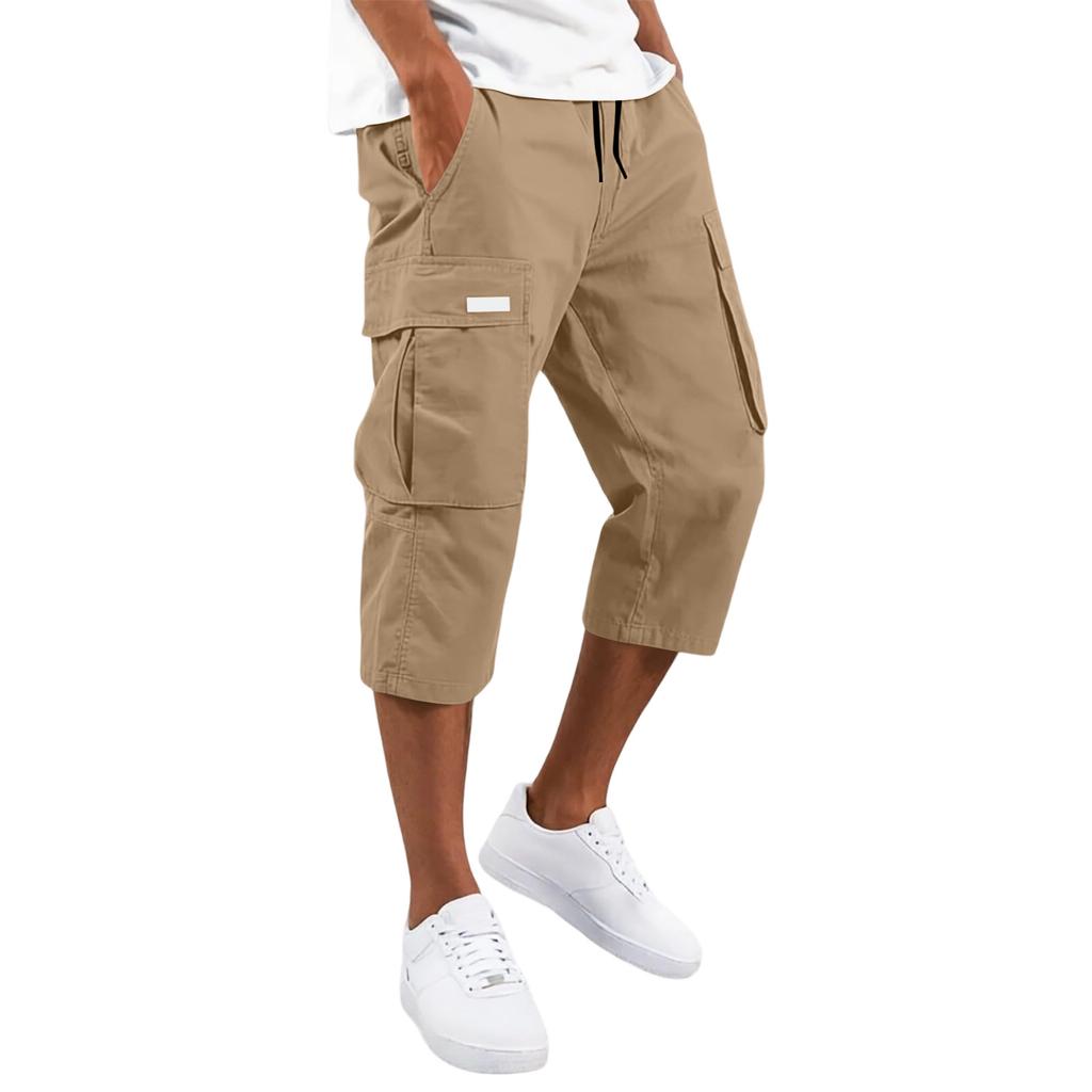 Men's Drawstring Cargo Pants - Multi Pocket Casual Cropped Pants