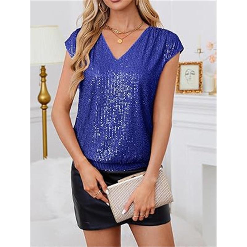 Top in Lavorazione con Paillettes Scollo a V da Donna Senza Maniche Scintillante Casual Camicetta