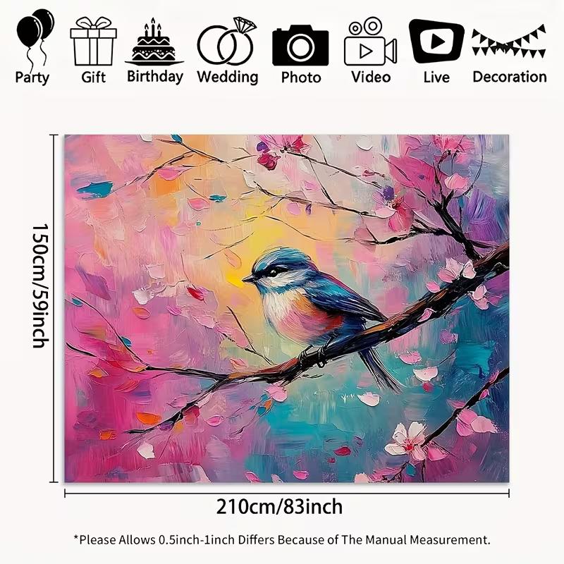 2D Blossom Branch Bird Backdrop, Artistic Spring Garden Photo Background