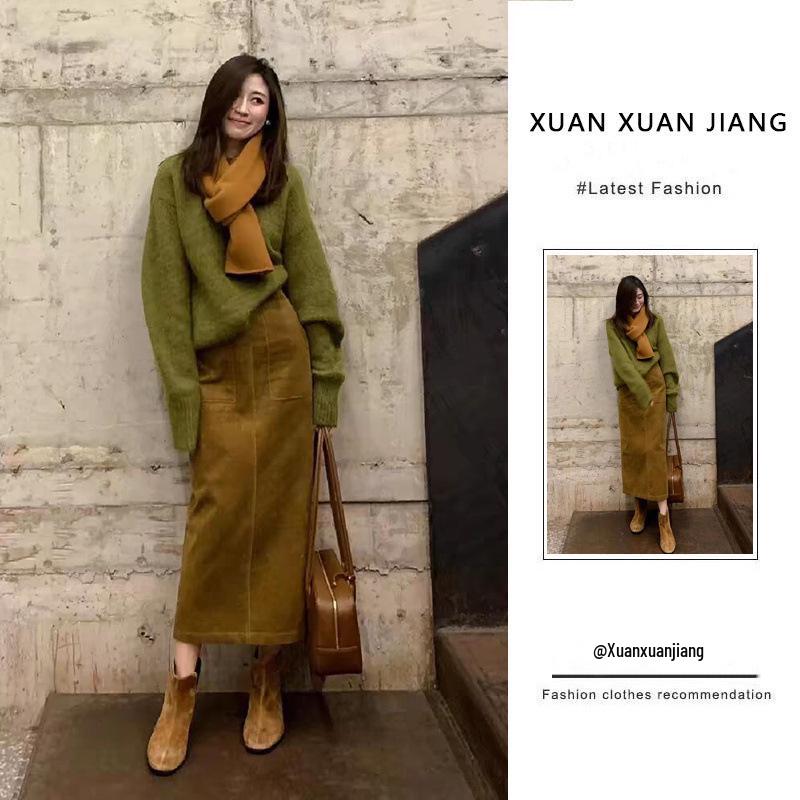 

Осень 2024 Женский Корейский Ретро Вязаный Свитер и Миди Юбка с Завышенной Талией L