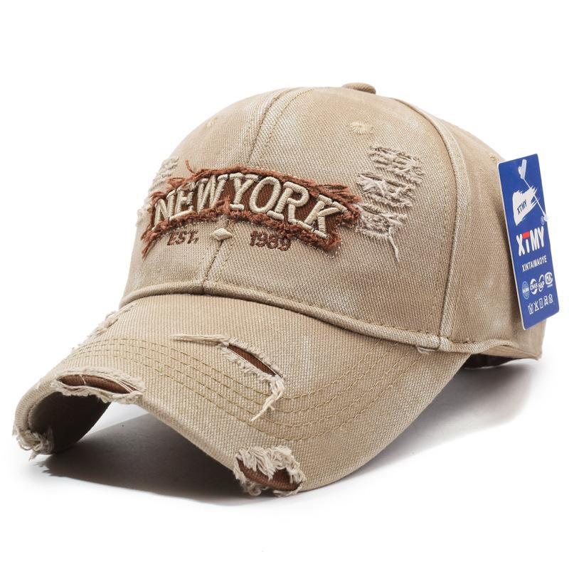 Letter New York Broken Hole Baseball Cap Washed Cotton Adjustable Embroidery Baseball Cap Sunscreen Hats For Man Women Fashion