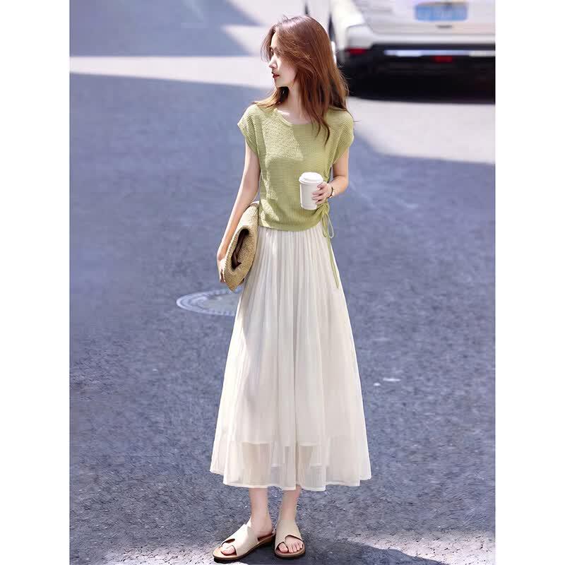 Drawstring Knit Top & Flowing Skirt Two-Piece Set