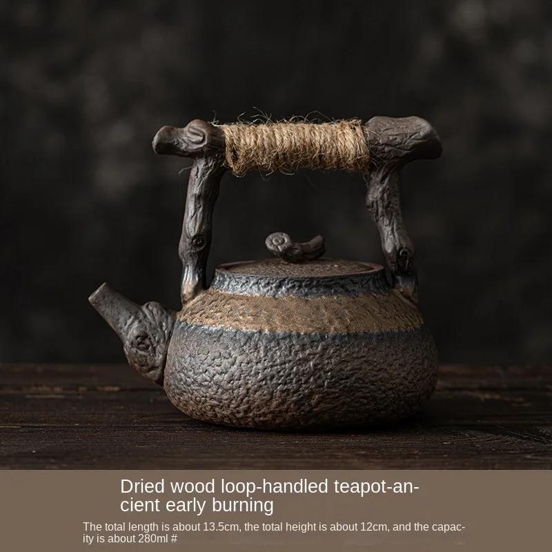 Hemp Rope Handle Dried Wood Loop-Handled Teapot Japanese Gilding Iron Glaze Teapot Small Size Teapot Tea Maker Tea Kettle