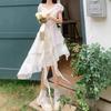 Design sense irregular bubble sleeve dress summer square collar waist thin holiday style princess dress