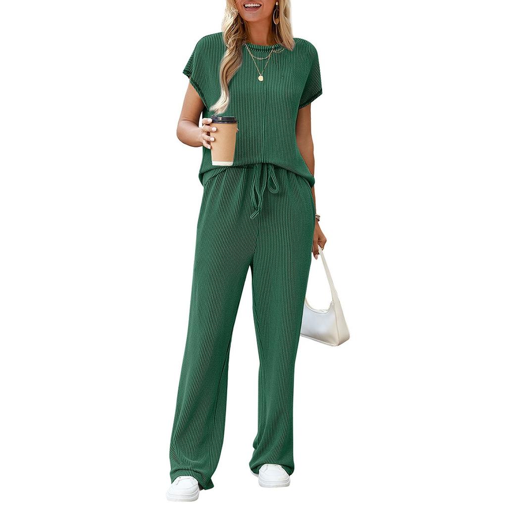Damen Entspannter Zweiteiler Outfit Kurzarm Oberteil Kordelzug Taille Weiter Bein Passendes Set
