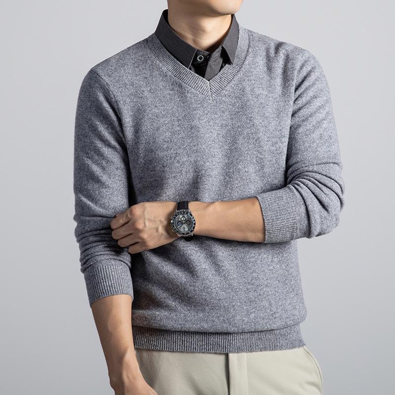 Męski gruby wełniany sweter z dekoltem w serek i klapami 2025 - Fason udający dwie części, dzianina biznesowa