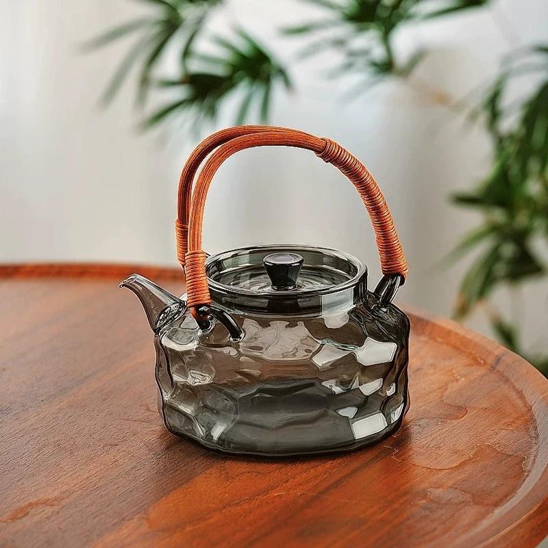 800ml Rattan Woven Handle Irregular Surface Heat-resistant Glass Teapot Boiling Flower Puer Oolong Tea Pot Kungfu Tea Set