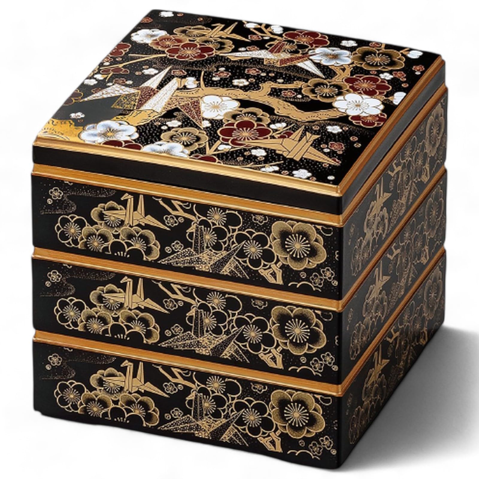 Lacquerware Jubako Saikakugura Origami Crane Made in Japan J-kitchens 3-Tiered Box 65 inches Black Design 19cm Resin 6590₽