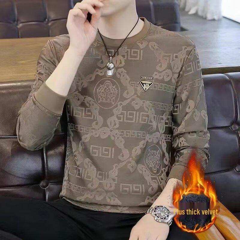 Men's Trendy Velvet-Lined Jacquard Sweatshirt: Warm Autumn/Winter Casual Long Sleeve