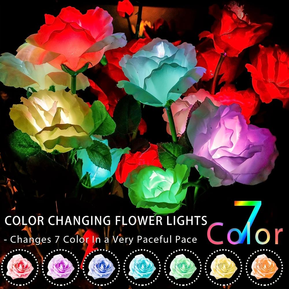 Solar Garden Lights - Outdoor Solar Lights, 7-Color Color Changing Rose Lights, Garden Decor, Enlarged Solar Panels, More Realistic Roses