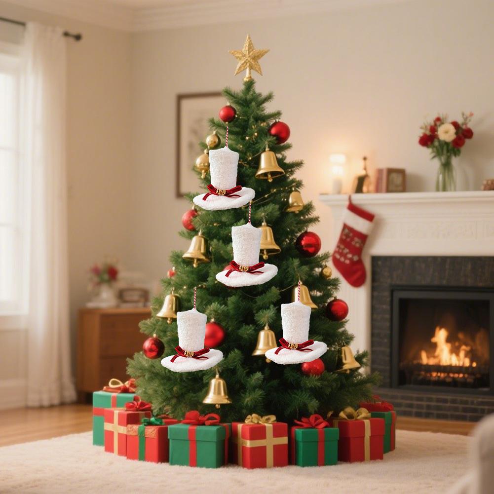 Set of 4 holiday fabric top hat ornaments featuring ribbon and bell accents for a cozy and elegant Christmas tree decoration