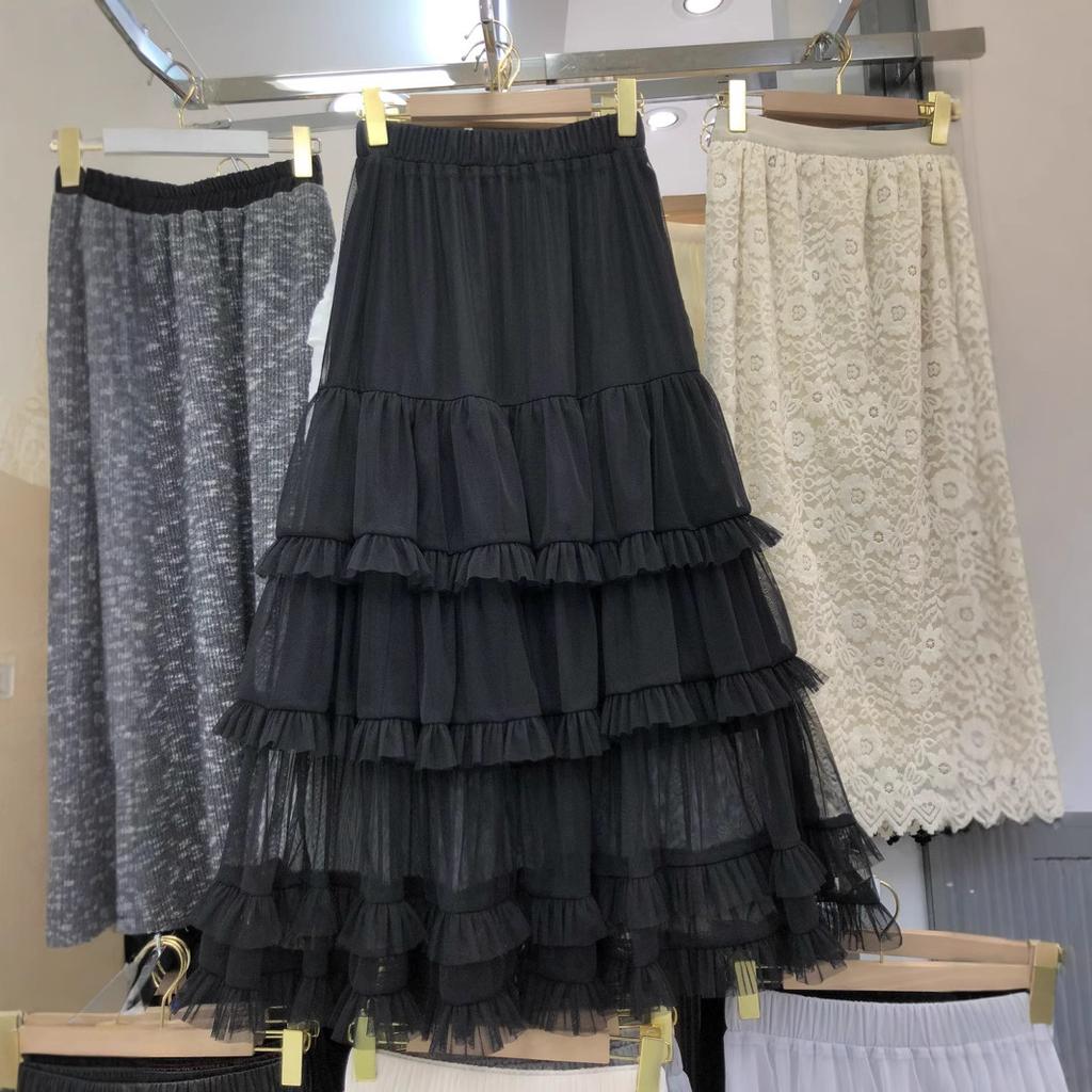 2025 Early New Elastic Waist Lace Lace Splicing A Word Big Pendulum Foreign Style Gray Cake Skirt Long Skirt