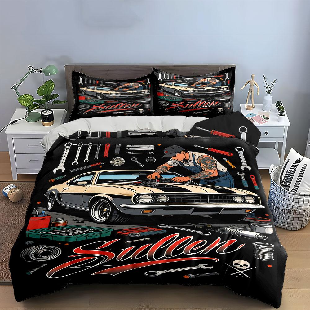 Klassieke auto, monteur, gereedschap. Beddengoedsets Dekbedovertreksets Dekbedovertrekken Kussenslopen(1 * Dekbedovertrek 2 * Kussenslopen zonder dekbedvulling)