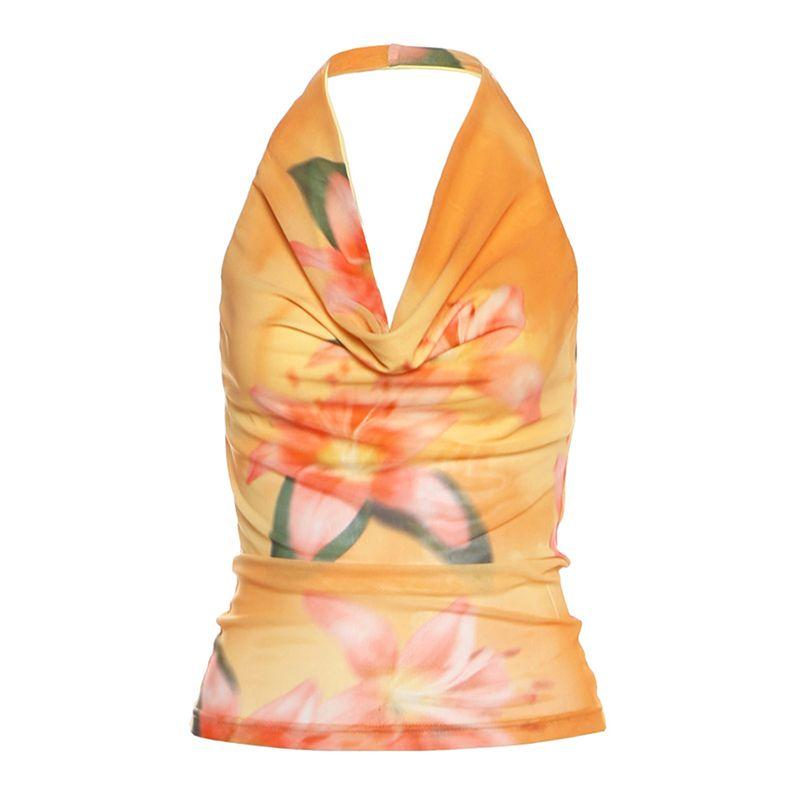 

# Sisjuly# Tyland Vacation Sunset Orange Sexy Swing Collar Backless Cami Print Long dress Set Women Yellow sling(K25L72401) L