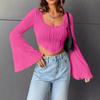 New Women's Solid Color U-neck Exposed Navel Slimming Fashion Trumpet Long Sleeved Sexy Short T-shirt