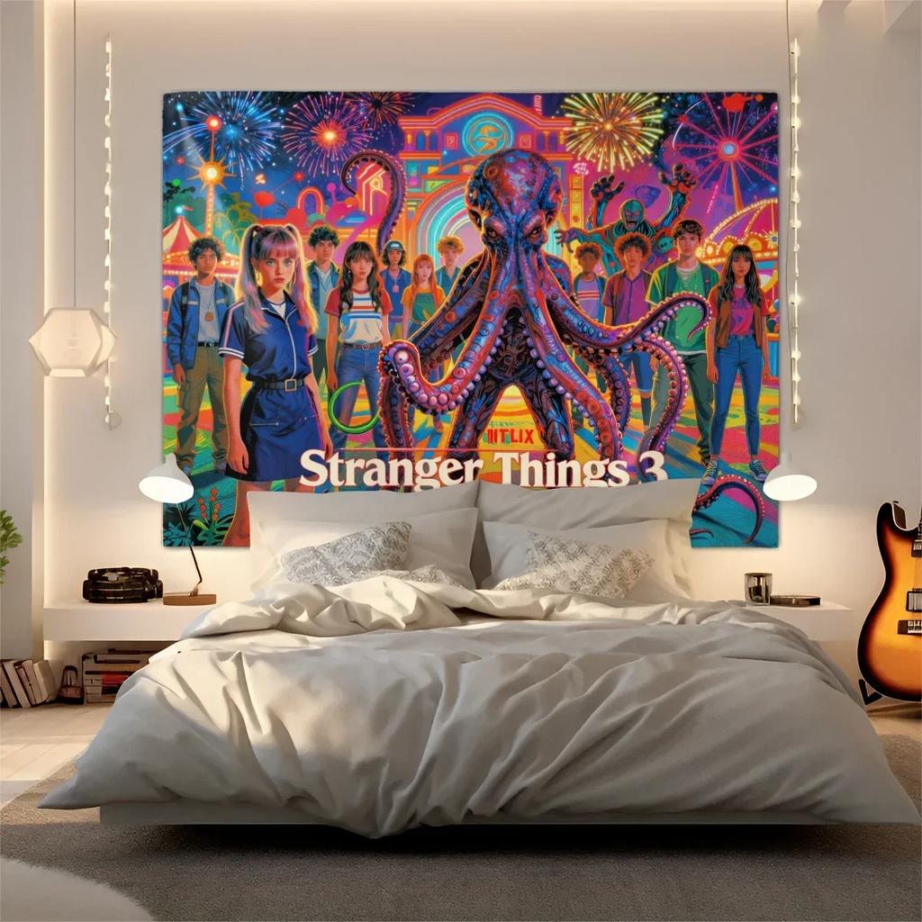 Stranger Things Sci-Fi Horror Retro 80s Design Tapestry Wall Hanging Banner Background Backdrops Living Room Bedroom Party Decor