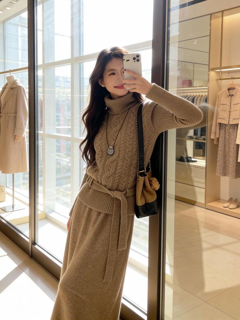 Korean Style Winter Knit Skirt Set: High Neck Fluffy Sweater, Cable Knit Vest, and Skirt Trio