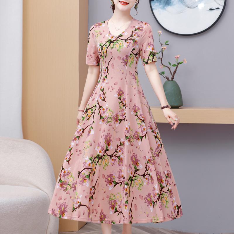 

Элегантные женские платья с коротким рукавом, повседневное длинное платье с винтажным принтом, летняя тонкая женская одежда среднего возраста 5XL