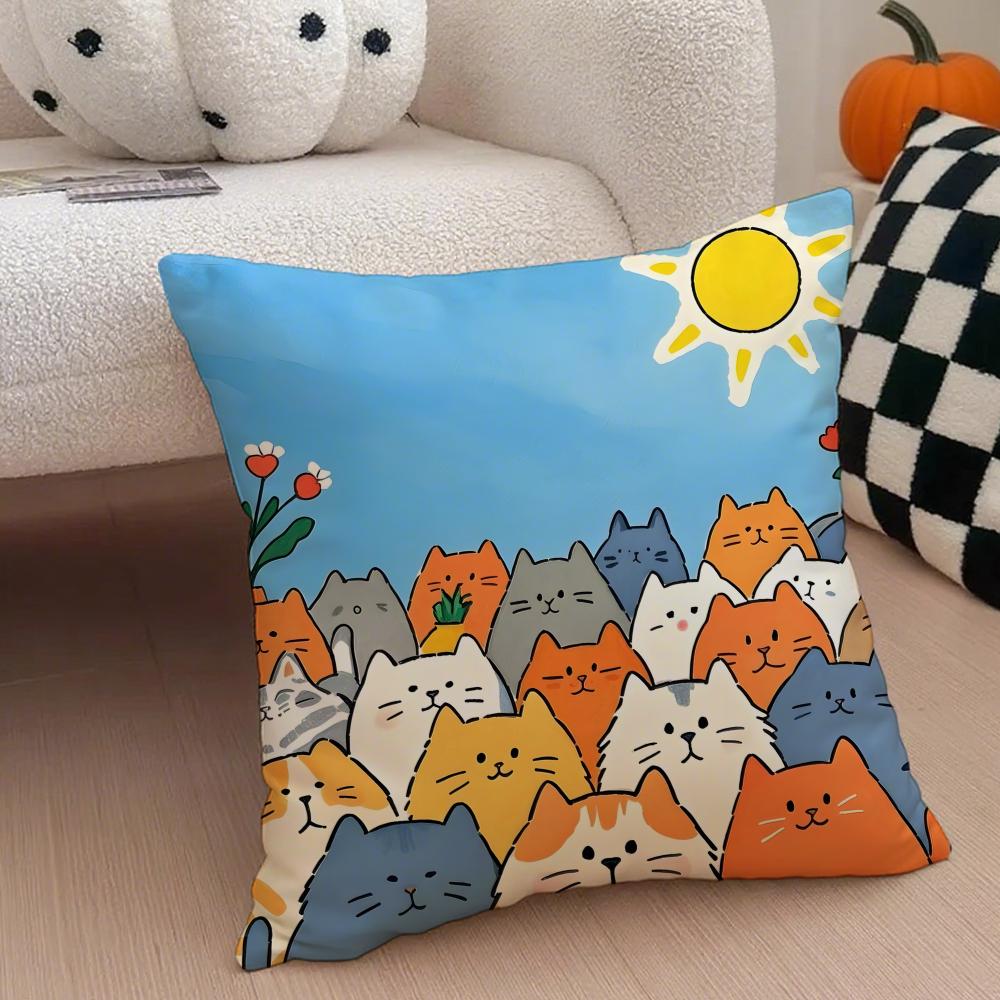Cartoon Cute Cat Picture For Wake Up Cushion Cover Throw Pillow Cover Hidden Button Durable Polyester Chair Cushion