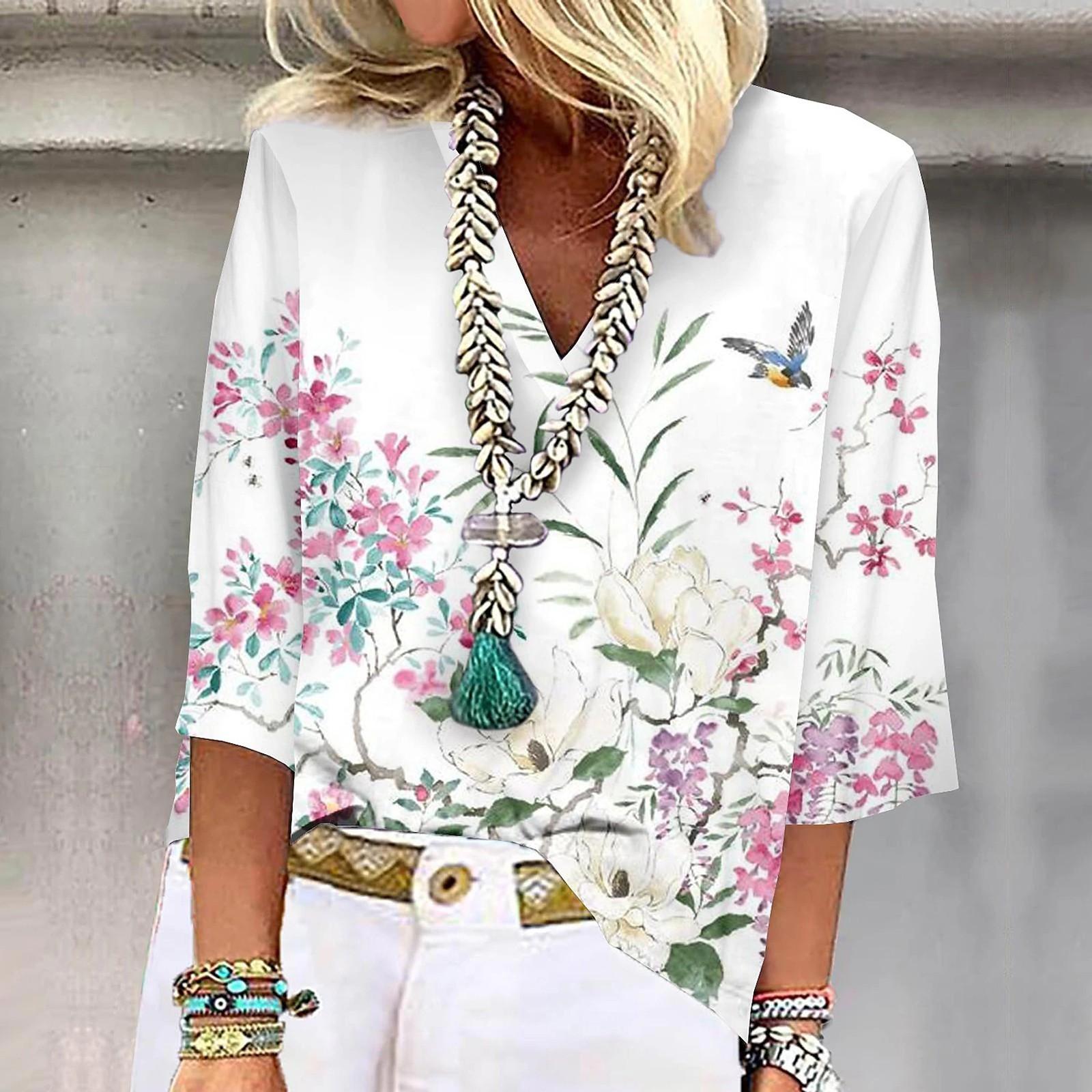 

Жіноча сорочка Блузка Повсякденні вільні сорочки з принтом 3/4 рукава Топи з V-подібним вирізом Топи з принтом Футболки Футболки XXXL рожевий