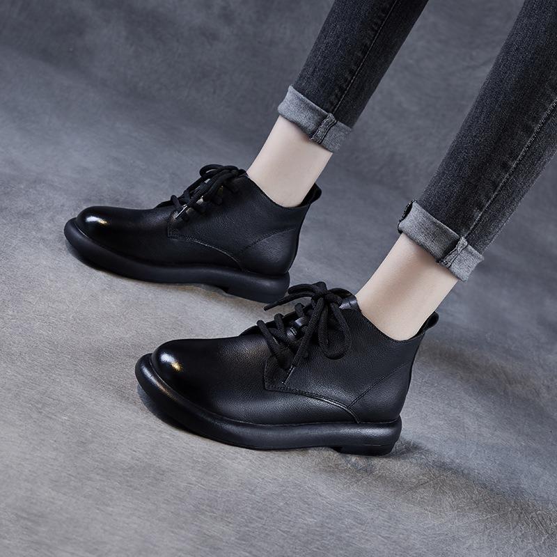 Autumn and Winter New Leather Single Boots Women's Casual 100 Retro Short Boots Soft Bottom Flat Bottom Boots Lace Up First Layer Cowhide