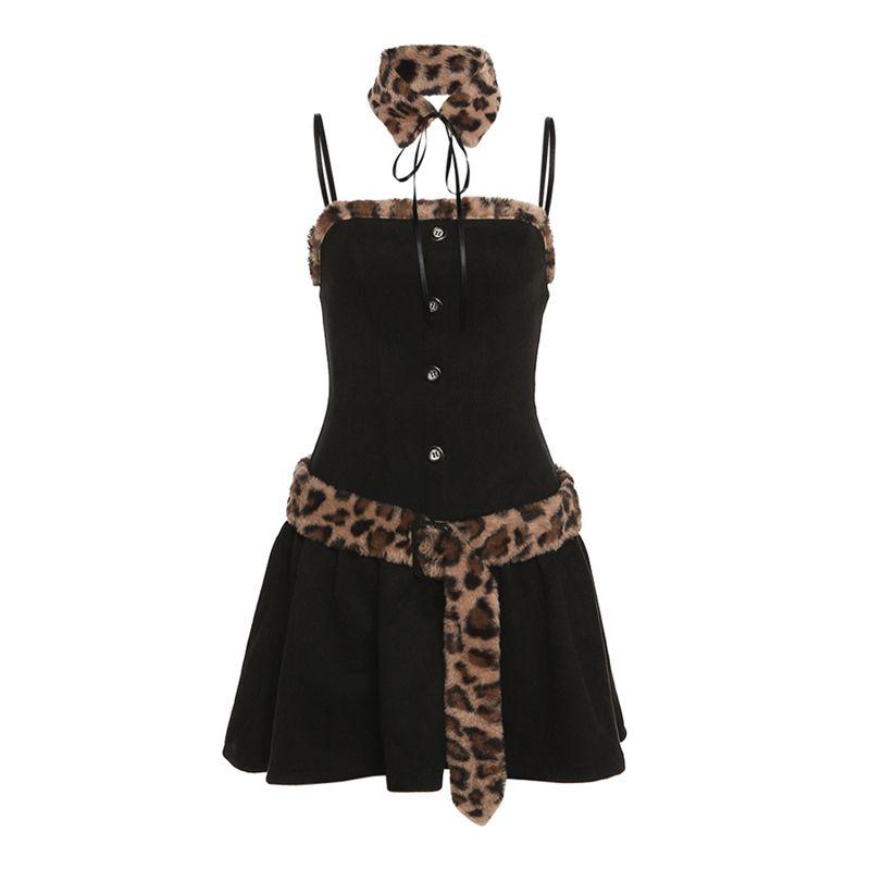 

Weird Puss Y2g Millennium Sexy Sexy Leopard Splicing Slimming Slip Dress Easiest for Match Cinched Waist Pleated Skirt Black S